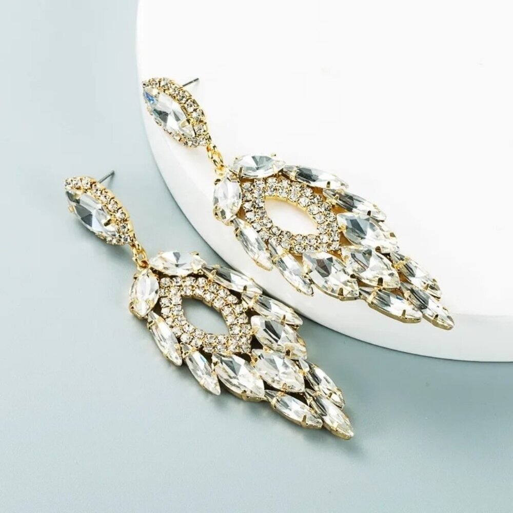 Gold & Rhinestone Drop Earrings Dangle Fancy Parties Formal Holiday Occasion
